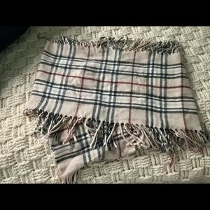 Neutral and red plaid fringe scarf